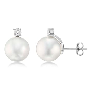 14mm White Organic Man-Made Pearl and CZ Earring