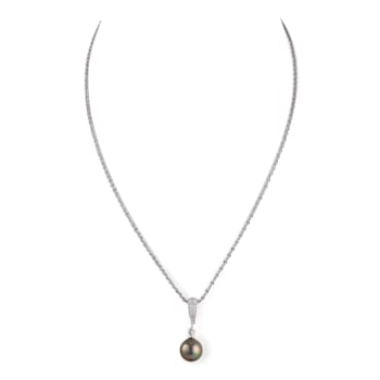 10mm Round Black Organic Man-Made Pearl and CZ Pendant With Chain