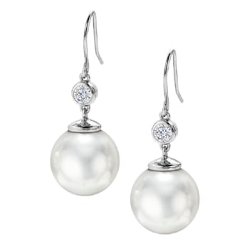 12mm White Organic Man-Made Pearl and CZ Earrings