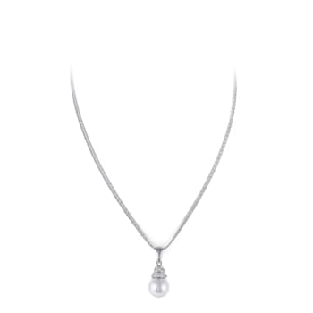12mm White Organic Man-Made Round Pearl and CZ Pendant With Chain