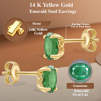 14K Yellow Gold Oval Cut 0.81 ct Emerald Stud Earrings 6X4mm for Women