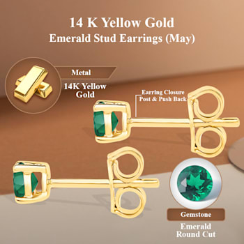 14K Yellow Gold Round Cut Emerald May 5mm Stud Earrings for Women