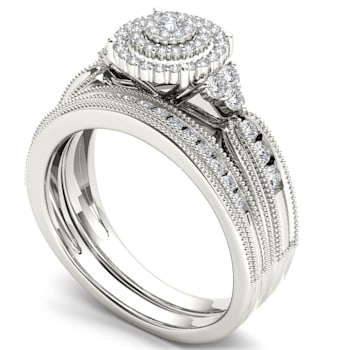 14K White Gold .50ctw Diamond Halo Engagement Bridal Ring Wedding Band
Set (I2-Clarity-H-I-Color)