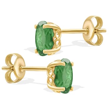14K Yellow Gold Oval Cut 0.81 ct Emerald Stud Earrings 6X4mm for Women