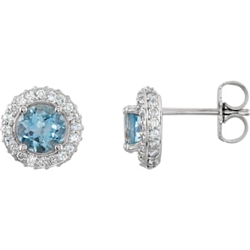 14K Gold Natural Aquamarine and 1/3ctw Round Cut Natural Diamond Stud Earrings