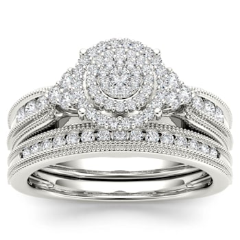 14K White Gold .50ctw Diamond Halo Engagement Bridal Ring Wedding Band
Set (I2-Clarity-H-I-Color)