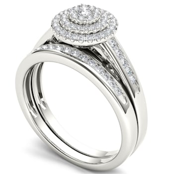 10K White Gold 1/3ctw Diamond Halo Engagement Ring Wedding Band Bridal
Set ( I2-Clarity-H-I-Color )
