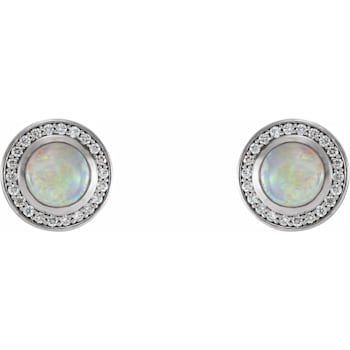 14K White Gold 5mm Opal and 1/6ctw Round Cut Diamond Halo Style Earrings