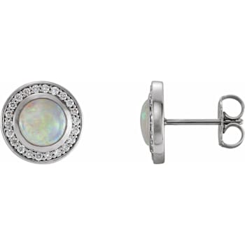 14K White Gold 5mm Opal and 1/6ctw Round Cut Diamond Halo Style Earrings