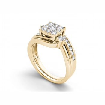 10K Yellow Gold .75ctw Diamond Solitaire Halo Engagement Bridal Ring Set
( I2-Clarity-H-I-Color )