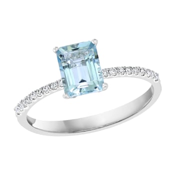 14K White Gold 0.99 Ct Diamond and Aquamarine Octagon Engagement Ring