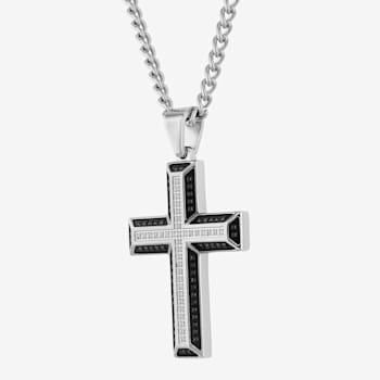 Black and White Diamond Stainless Steel Black IP Cross With Chain .50ctw