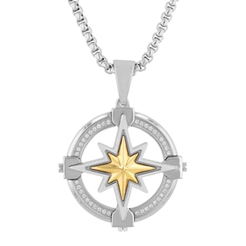 1/8CTW Diamond Stainless Steel Yellow Ion Plated Compass Medallion Pendant