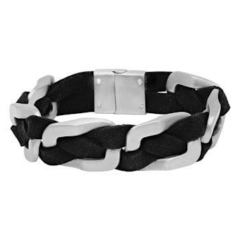 Stainless Steel and Black Faux Leather Braided Link Bracelet
