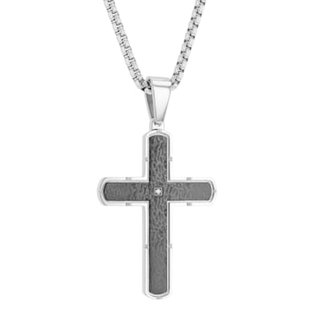 Diamond Accent Stainless Steel Textured Cross Pendant