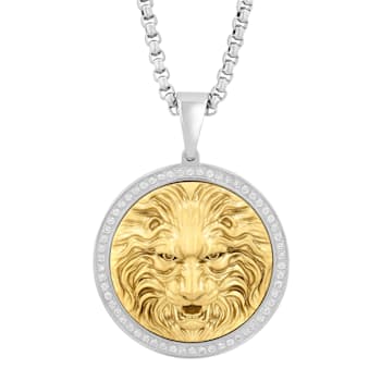 1/2CTW Diamond Stainless Steel Yellow Ion Plated Lion Face Medallion Pendant