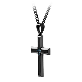 1/20CTW Blue Diamond Stainless Steel Black IP Beveled Cross With Chain.