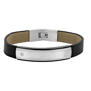 Diamond Accent Stainless Steel and Black Faux Leather ID Bracelet