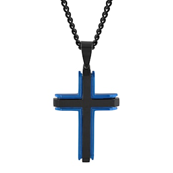 Stainless Steel Black & Blue Ion Plated Cross Pendant