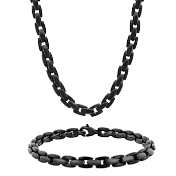 Stainless Steel Black Ion Plated Chain Necklace and Bracelet Set