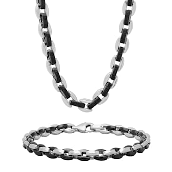Stainless Steel Black & White Ion Plated Chain Necklace and Bracelet Set