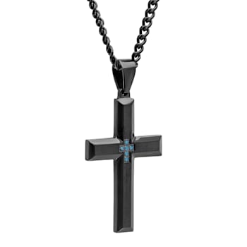Blue Diamond Accent Stainless Steel Black Ion Cross Plated Pendant