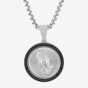 1/4CTW Black Diamond Stainless Steel Praying Hands Medallion Pendant