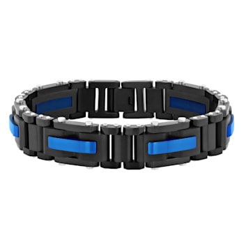 Stainless Steel Black & Blue Ion Plated Rivets Link Bracelet