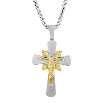 1/10CTW Diamond Stainless Steel Yellow Ion Plated Crucifix Pendant