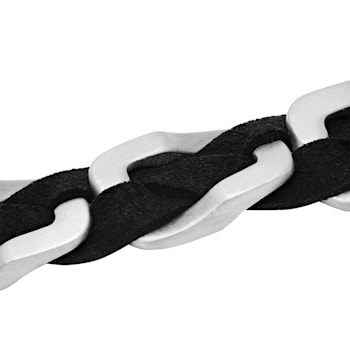 Stainless Steel and Black Faux Leather Braided Link Bracelet