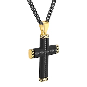1/4CTW Black Diamond Stainless Steel Two-Tone Cross Pendant