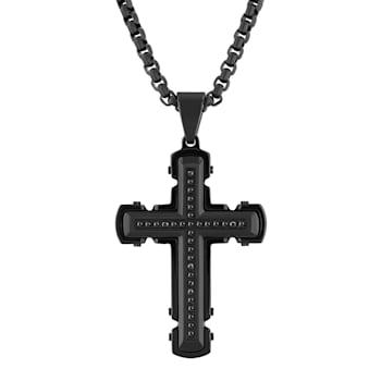 Black Diamond Stainless Steel Black IP Cross With Chain .25ctw