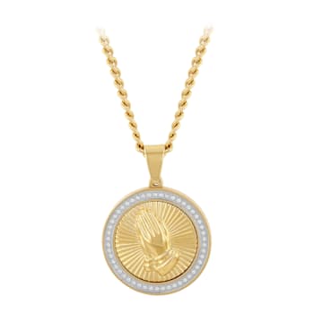 White Diamond Stainless Steel Yellow IP Prayer Hands Medallion With
Chain .25ctw