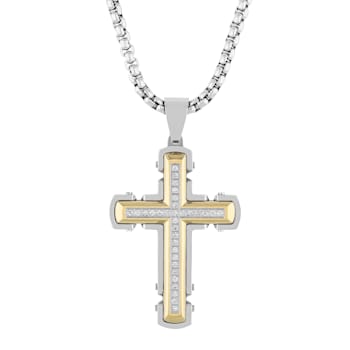 White Diamond Stainless Steel Yellow IP Cross With Chain .25ctw