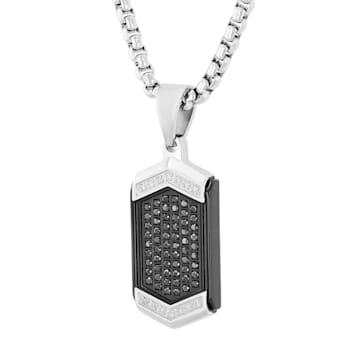 3/8CTW Black and White Diamond Two-Tone Stainless Steel Dog Tag Pendant