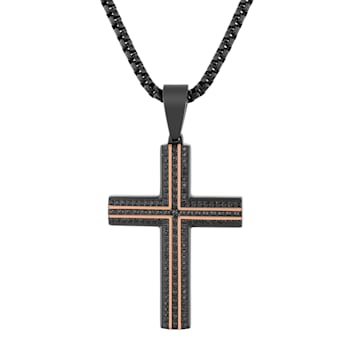 3/4CTW Black Diamond Stainless Steel Two-Tone Cross Pendant