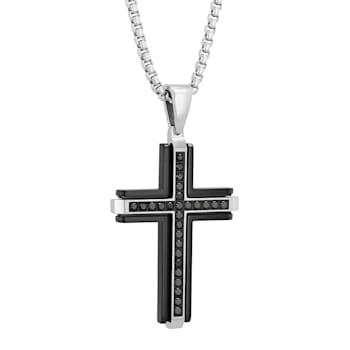1CT Black Diamond Stainless Steel Black Ion Plated Cross Pendant