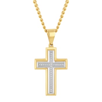 White Diamond Stainless Steel Yellow IP Cross With Chain .10ctw