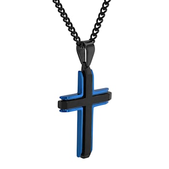 Stainless Steel Black & Blue Ion Plated Cross Pendant