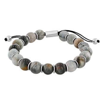 Grey Tiger Eye Bead & Stainless Steel Bolo Bracelet