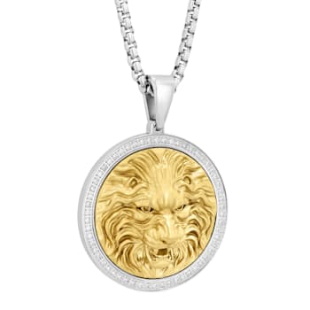 1/2CTW Diamond Stainless Steel Yellow Ion Plated Lion Face Medallion Pendant