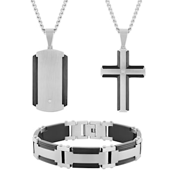 Diamond Accent Two-Tone Stainless Steel Dog Tag, Cross Pendant, &
Bracelet Set