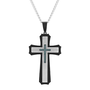 0.12CTW Blue Diamond Two-Tone Stainless Steel Cross Pendant