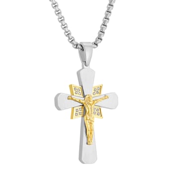 1/10CTW Diamond Stainless Steel Yellow Ion Plated Crucifix Pendant
