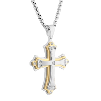 Diamond Accent Stainless Steel Yellow Finish Ion Plated Stacked Cross Pendant