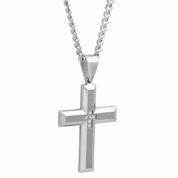 1/20CTW White Diamond Stainless Steel Beveled Cross With Chain.