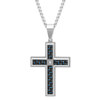 Diamond Accent Stainless Steel Black and Blue Ion Plated Carbon Fiber
Cross Pendant