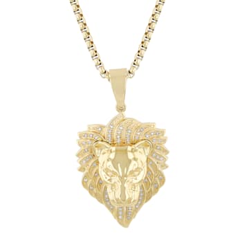 White Diamond Stainless Steel Yellow IP Lion Head With Chain 1/3ctw