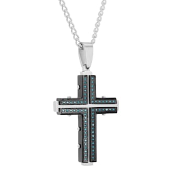 1/3CTW Blue Diamond Two-Tone Stainless Steel Riveted Cross Pendant