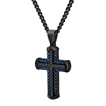 0.25CTW Black Diamond Stainless Steel with Black and Blue IP Cross